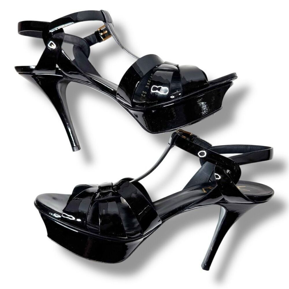 Saint Laurent Tribute Black Patent Leather Platform High Heel Sandals Size 37.5 - Picture 6 of 13